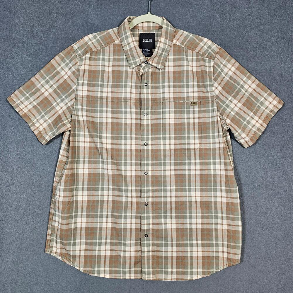 5.11 Tactical Shirt Mens Medium Beige Plaid Short Sleeve Snap Button Pockets